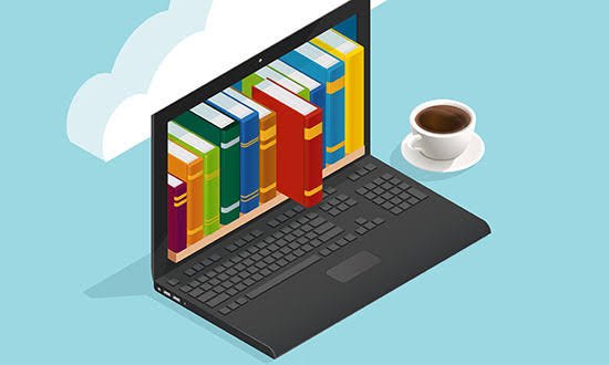 Ilustração de livros digitais em um notebook