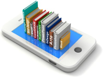 Ilustração de livros digitais em smartphone